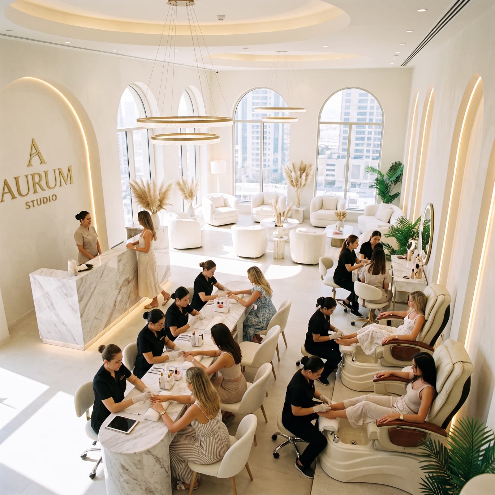 A bright, modern nail salon interior with technicians serving clients